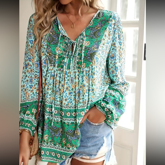Boho floral print tie neck blouse - Picture 5 of 6